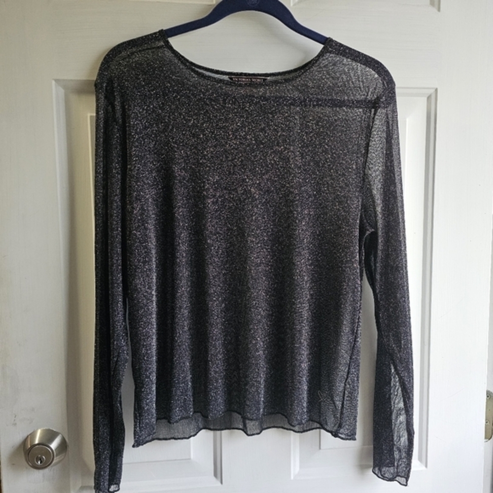 Victoria's Secret Sheer Metallic Shimmer‎ Long Sleeve Top Black Silver M/L